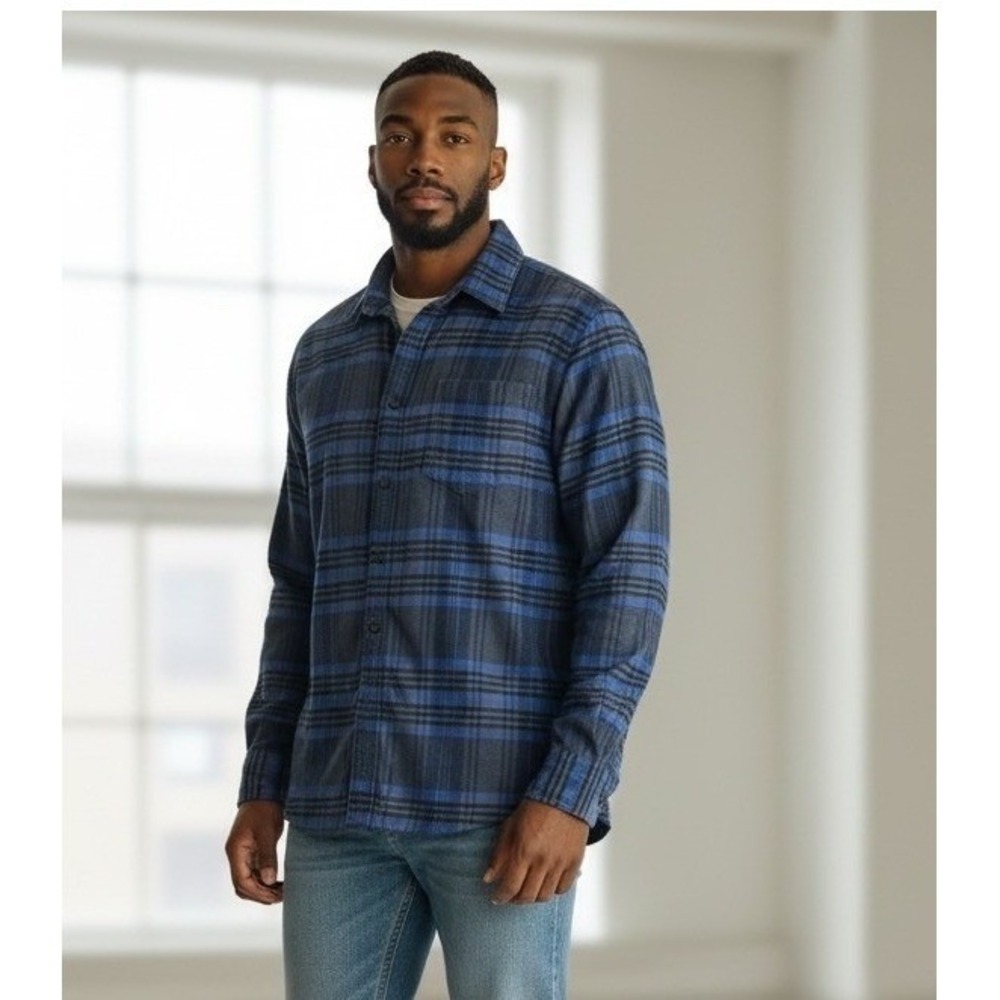 APT 9 Men's Blue N Black Plaid Flannel Long Sleeve Button Up Shirt Size L